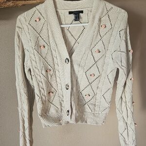 Forever 21 Cream Knit Cardigan with Pink Flowers Size Small